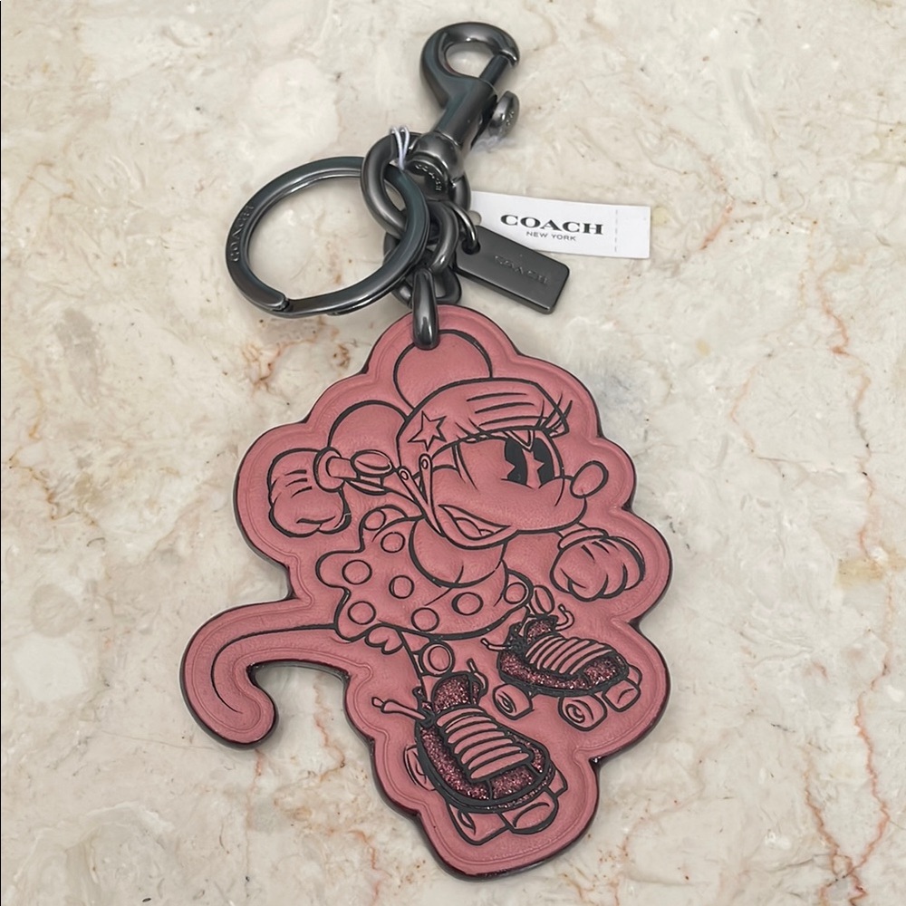 Coach X Disney Minnie Mouse NWT Keychain Key Holder Fob Pink Roller Skating